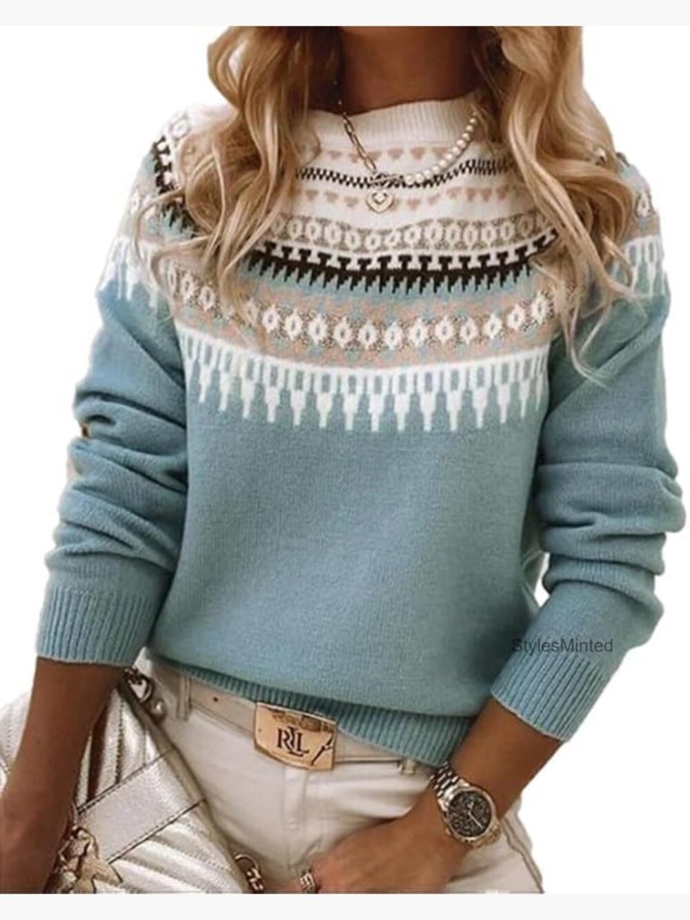 Vintage Crew Neck Fair Isle Pullover Sweater Cute Graphic Knit Top
